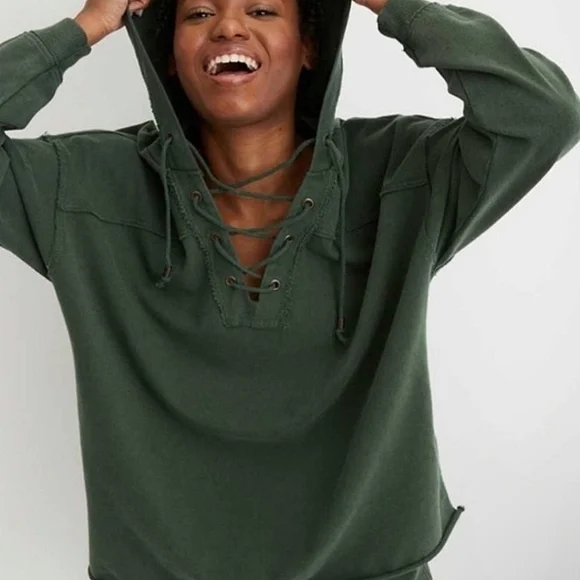 Lace-Up Hooded Pullover Top - Rust - Picture 2 of 14